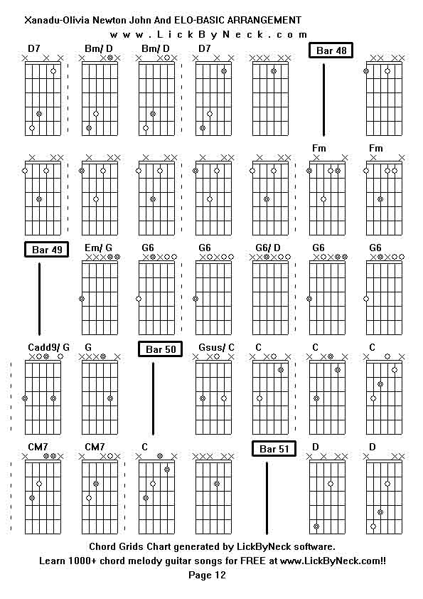 Chord Grids Chart of chord melody fingerstyle guitar song-Xanadu-Olivia Newton John And ELO-BASIC ARRANGEMENT,generated by LickByNeck software.